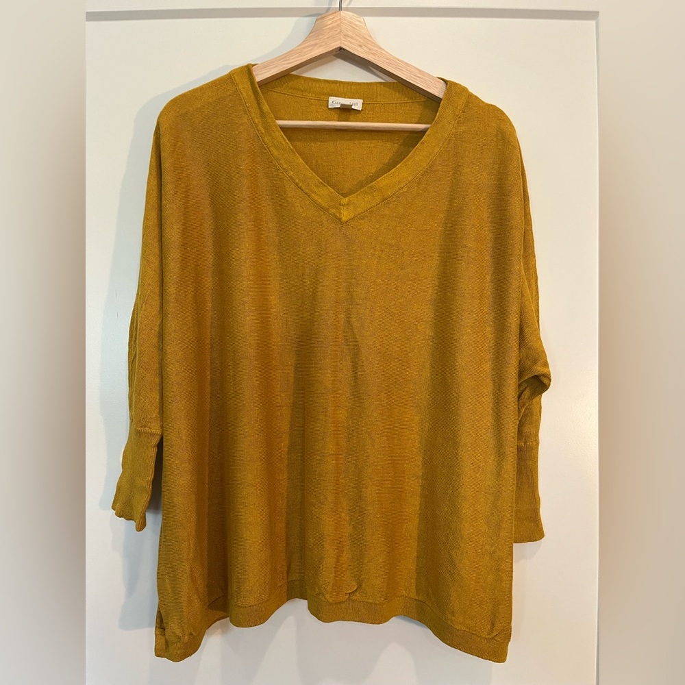 Garnet Hill 100% Linen Mustard color V neck lightweight sweater top beachy sz M